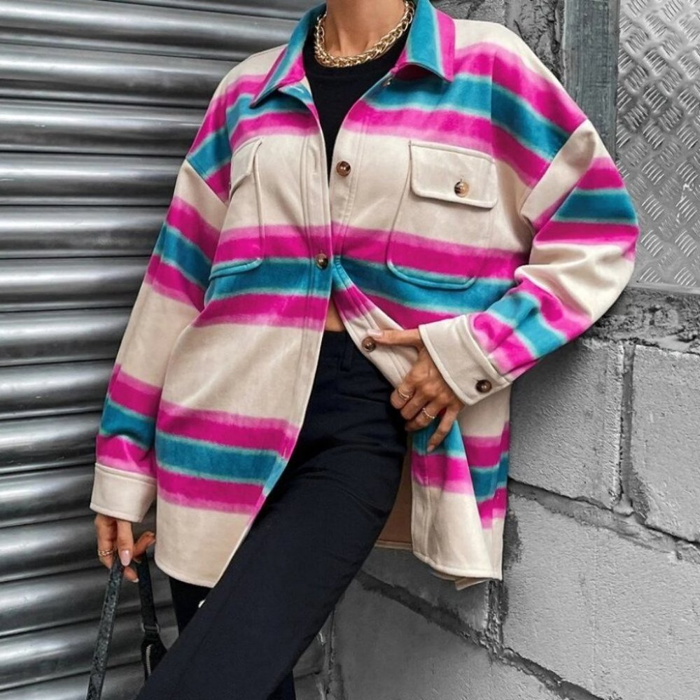 Striped Print Button down Shacket shirt jacket Coat - Picture 3 of 6